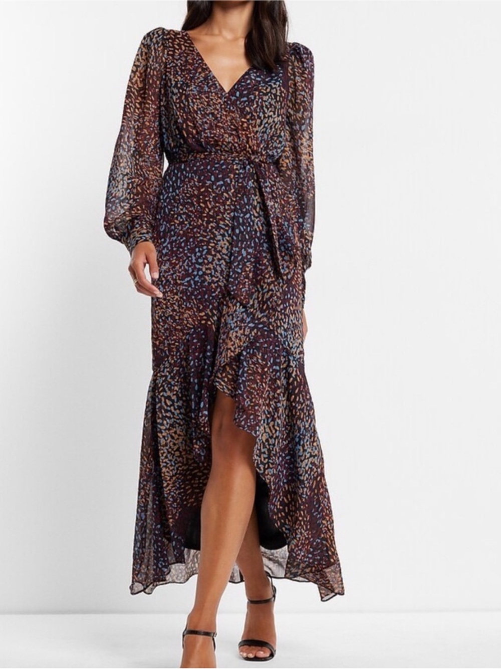Express Brown Multicolor V-Neck Wrap High-Low Maxi Dress
